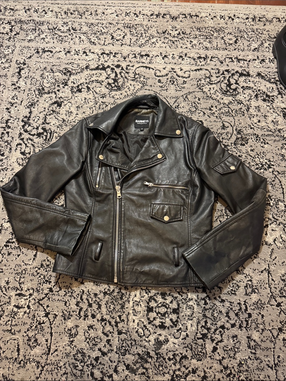 Barneys New York Black Leather Bomber-Style Moto Jacket
